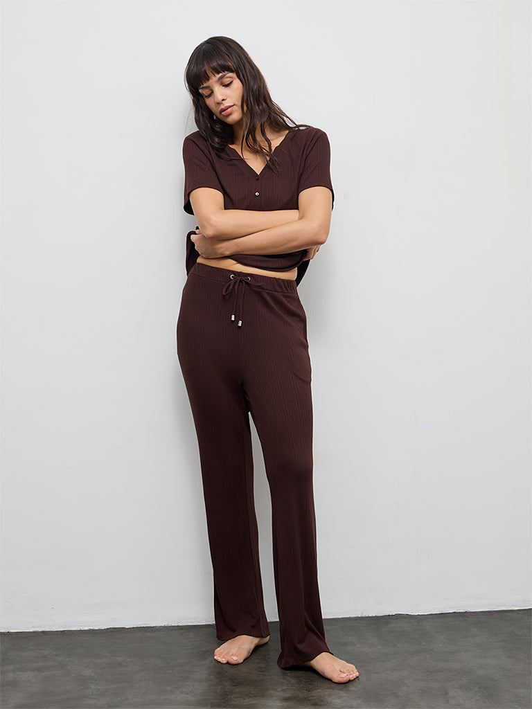 Wunderlove Dark Brown Ribbed-Textured High-Rise Pants