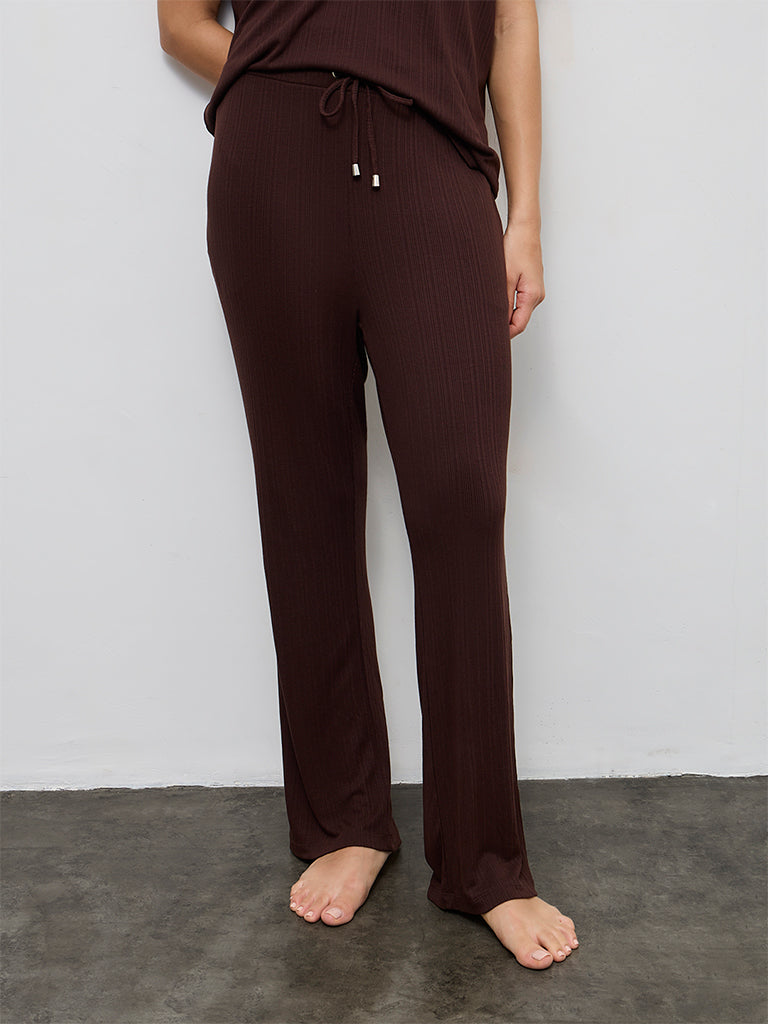 Wunderlove Dark Brown Ribbed-Textured High-Rise Pants