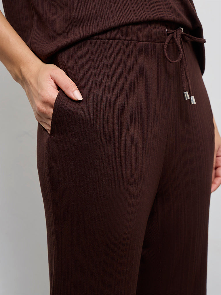 Wunderlove Dark Brown Ribbed-Textured High-Rise Pants