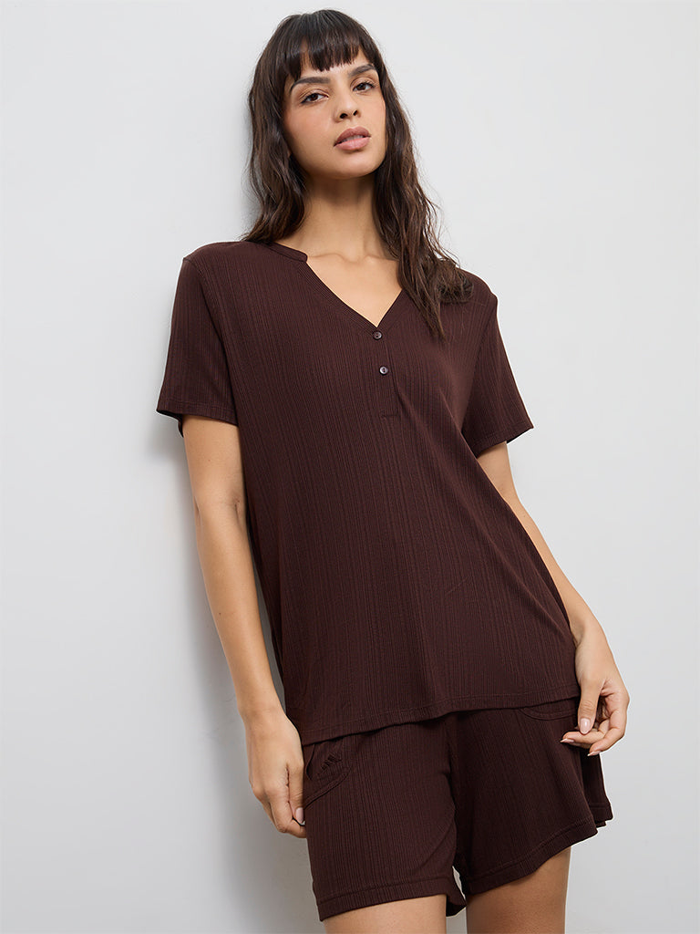 Wunderlove Dark Brown Ribbed-Textured Henley Top