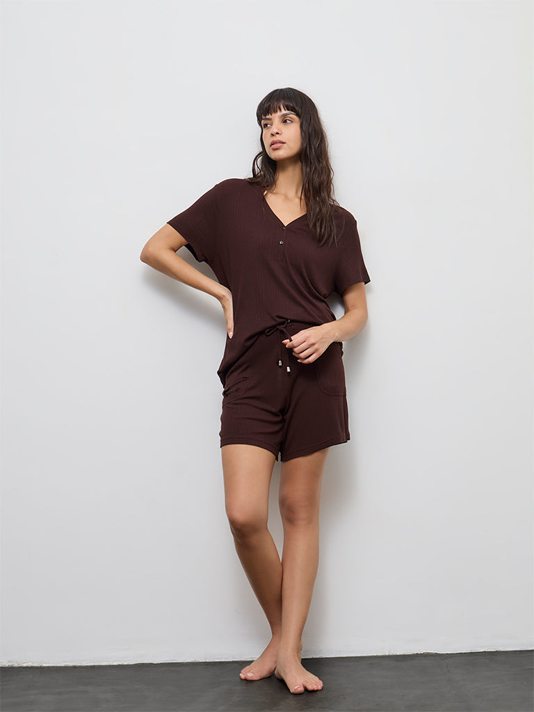 Wunderlove Dark Brown Ribbed-Textured Henley Top