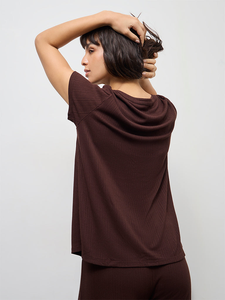 Wunderlove Dark Brown Ribbed-Textured Henley Top