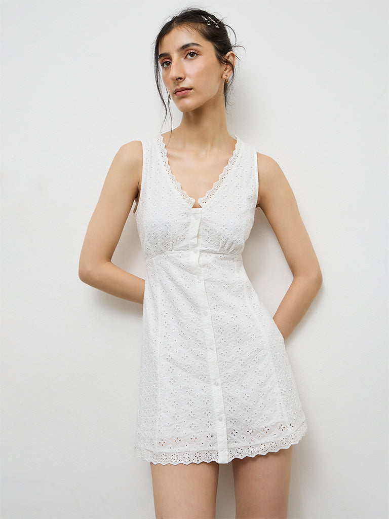 Nuon White Schiffli Embroidered Cotton A-Line Dress