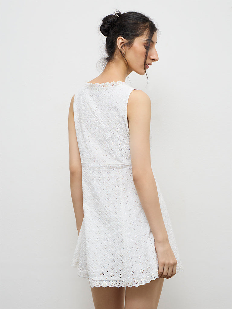 Nuon White Schiffli Embroidered Cotton A-Line Dress