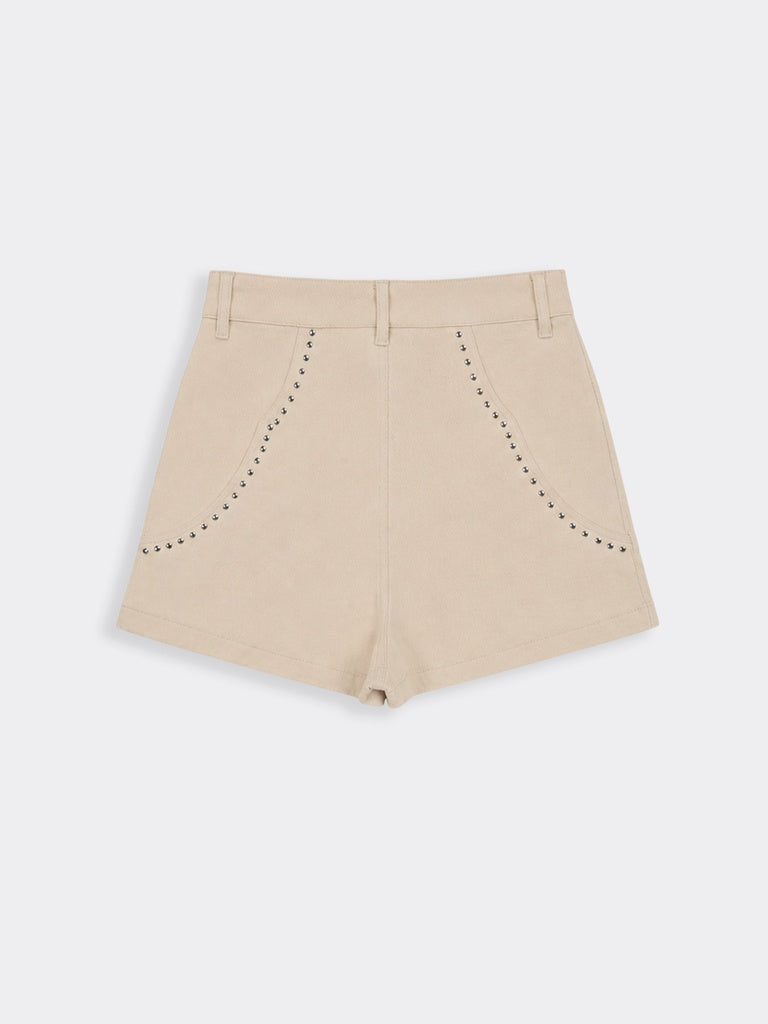 Nuon Beige Stud-Detailed High-Rise Denim Shorts
