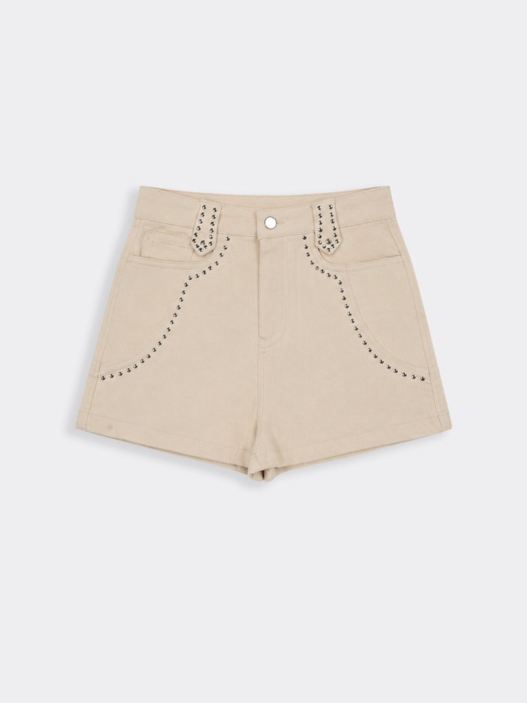 Nuon Beige Stud-Detailed High-Rise Denim Shorts