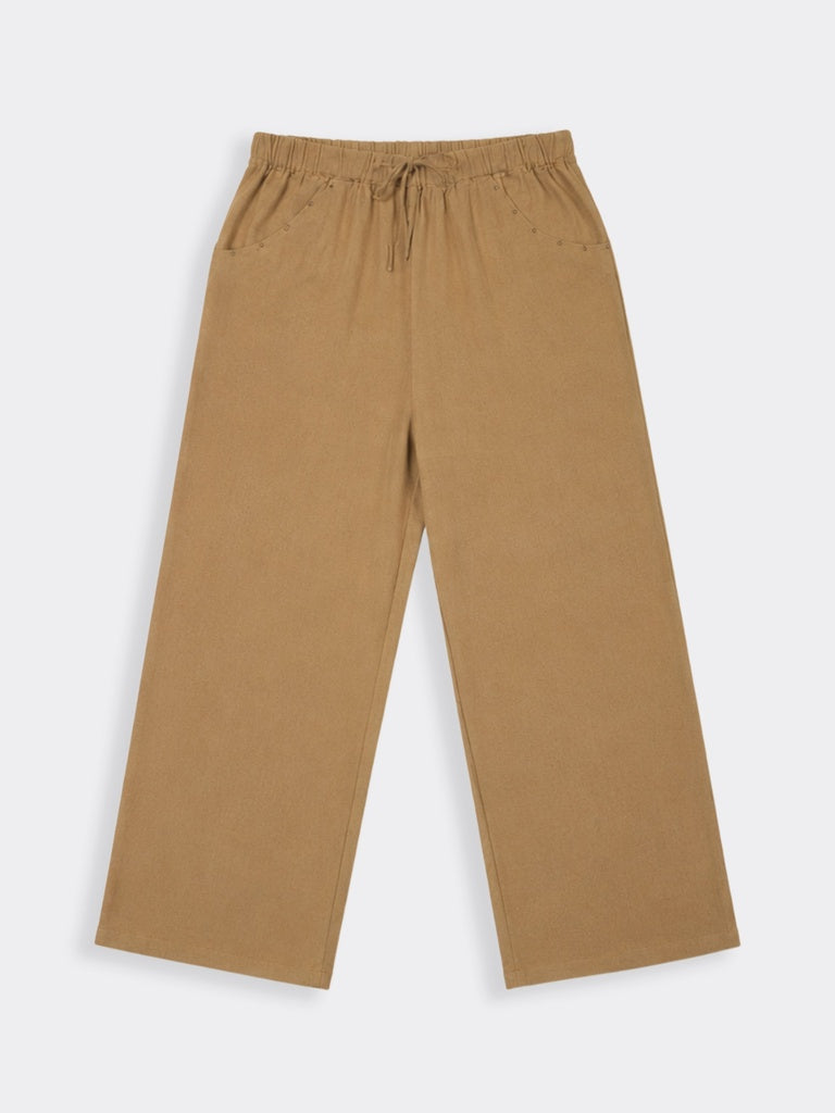 Nuon Khaki Solid High-Rise Linen Pants