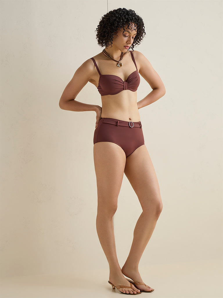 Wunderlove Swimwear  Brown High-Rise Bikini Briefs with Belt