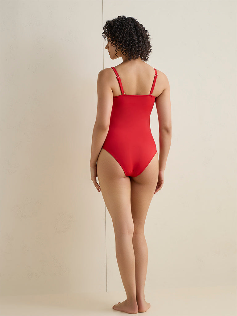 Wunderlove Swimwear  Red Ruched Bandeau Swimsuit