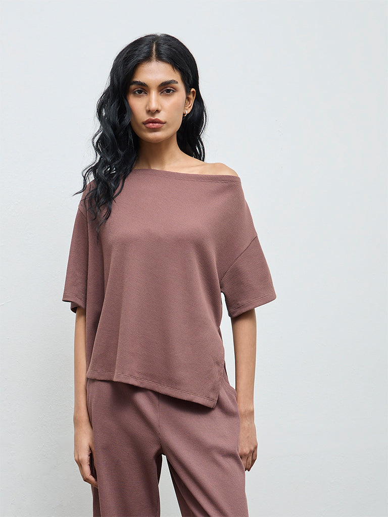 Superstar Brown Waffle-Textured Off-Shoulder Top