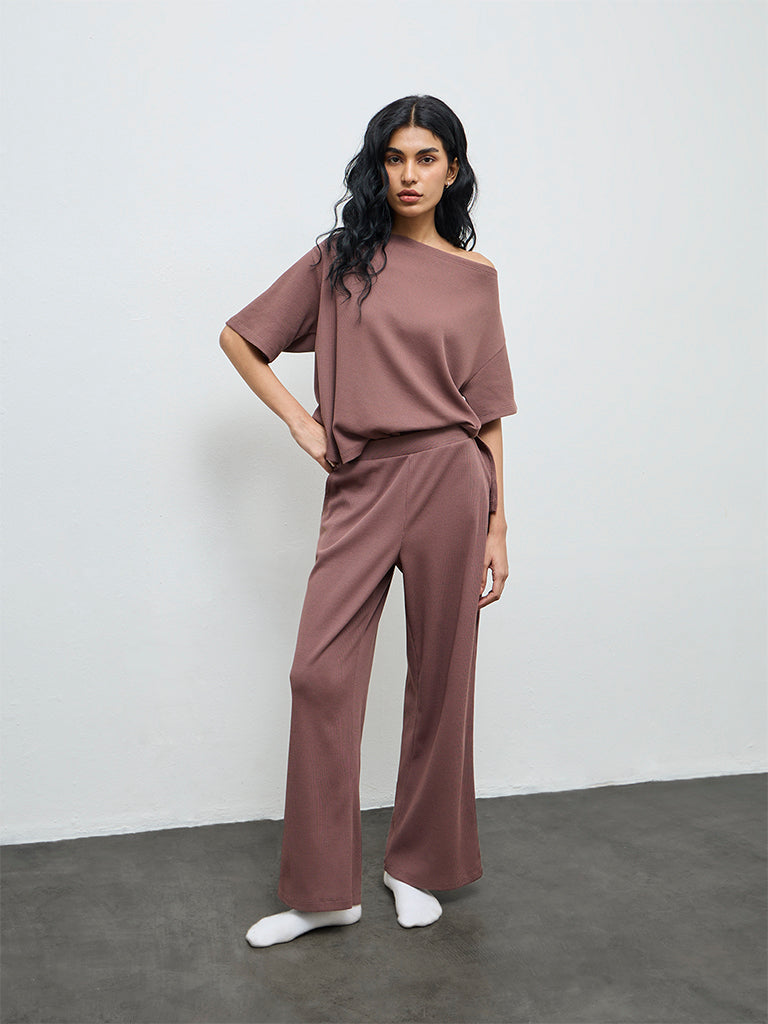 Superstar Brown Waffle-Textured Off-Shoulder Top