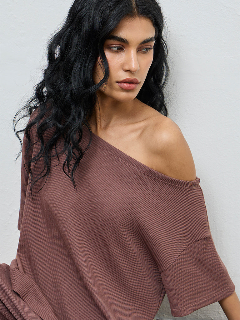 Superstar Brown Waffle-Textured Off-Shoulder Top
