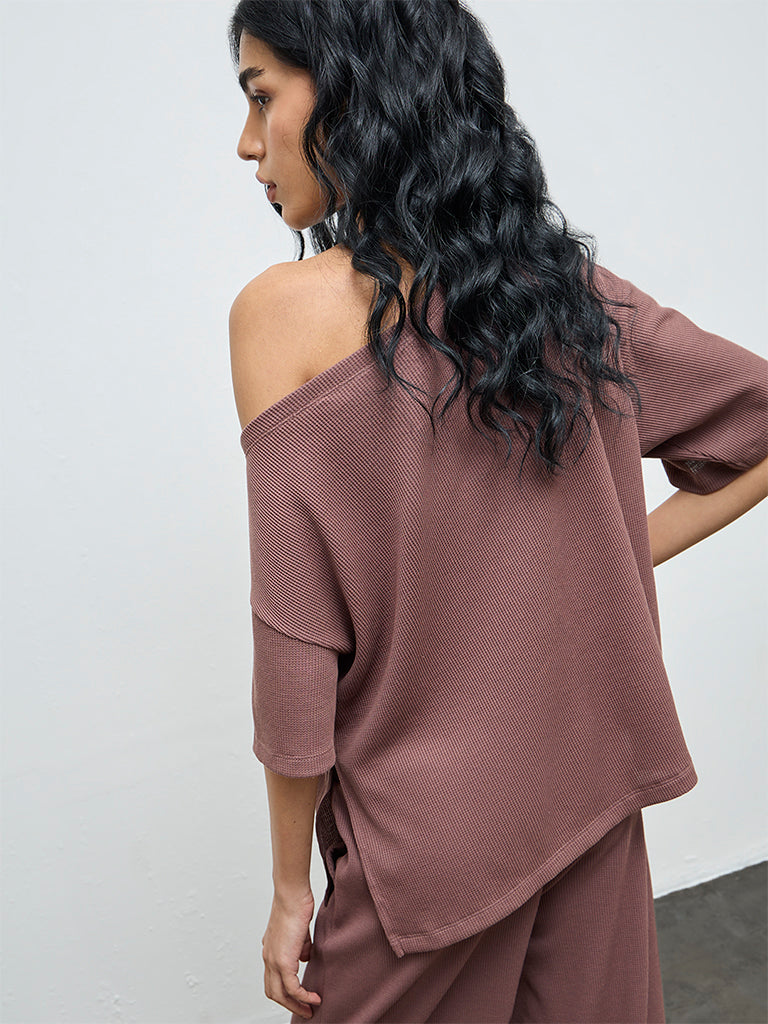 Superstar Brown Waffle-Textured Off-Shoulder Top