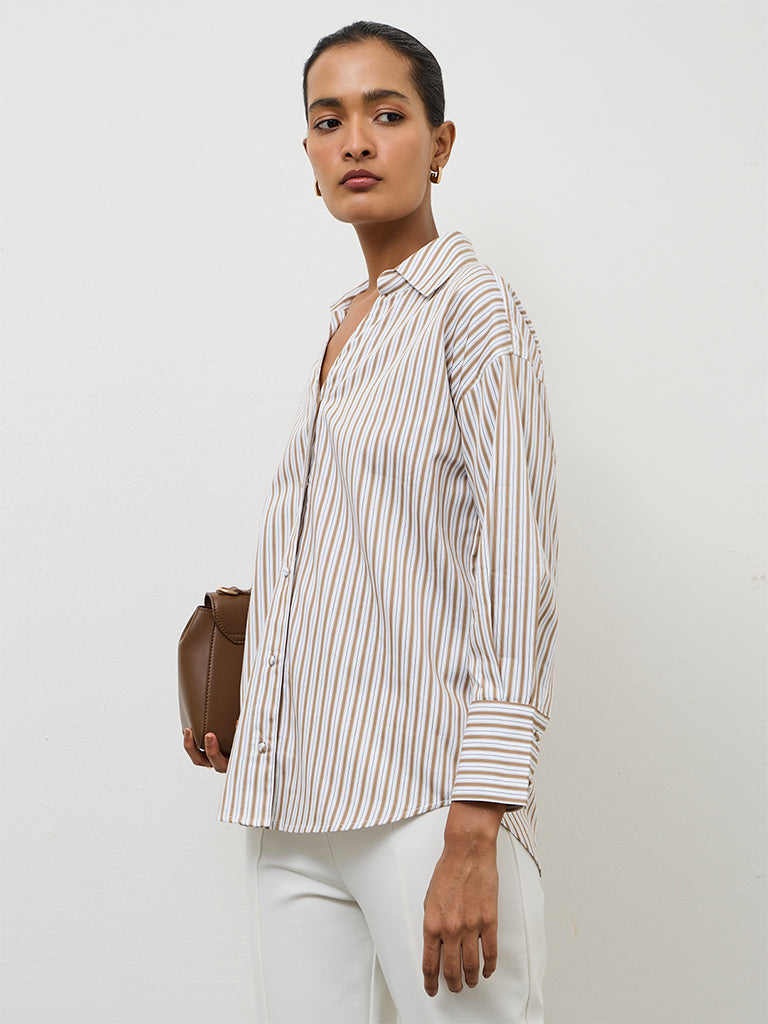 Wardrobe Brown Striped Cotton Shirt