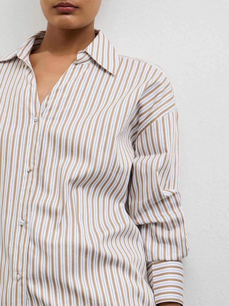 Wardrobe Brown Striped Cotton Shirt