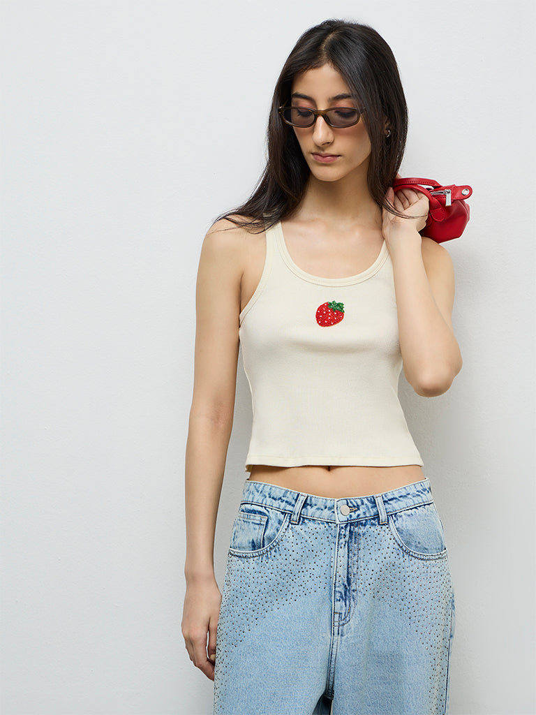 Buy Nuon Light Yellow Embroidered Cotton-Blend Tank Top from Westside