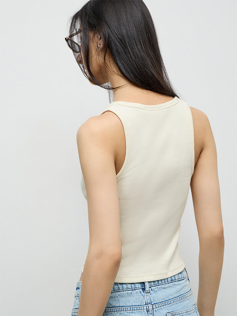 Nuon Light Yellow Embroidered Cotton-Blend Tank Top