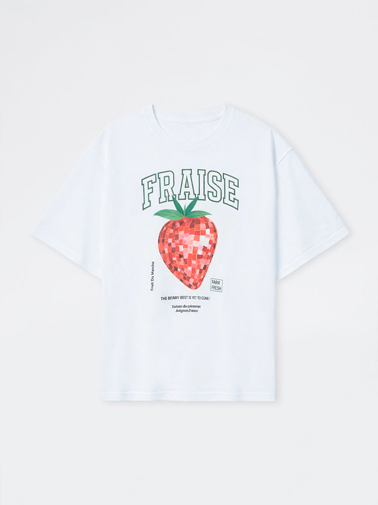 Nuon White Graphic Printed Cotton T-Shirt