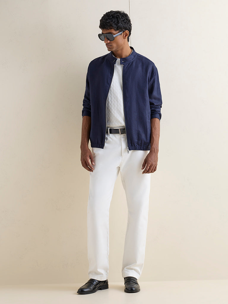 Ascot Navy Solid Relaxed-Fit Linen Jacket