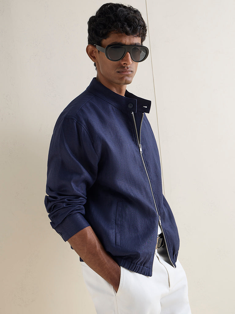 Ascot Navy Solid Relaxed-Fit Linen Jacket
