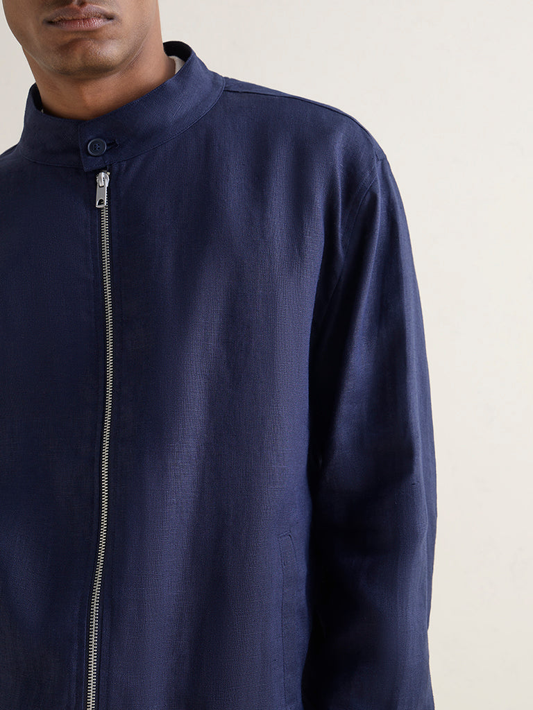 Ascot Navy Solid Relaxed-Fit Linen Jacket