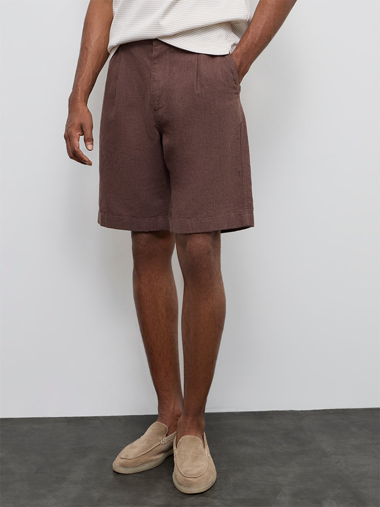 Ascot Dark Brown Relaxed-Fit Mid-Rise Cotton-Blend Shorts