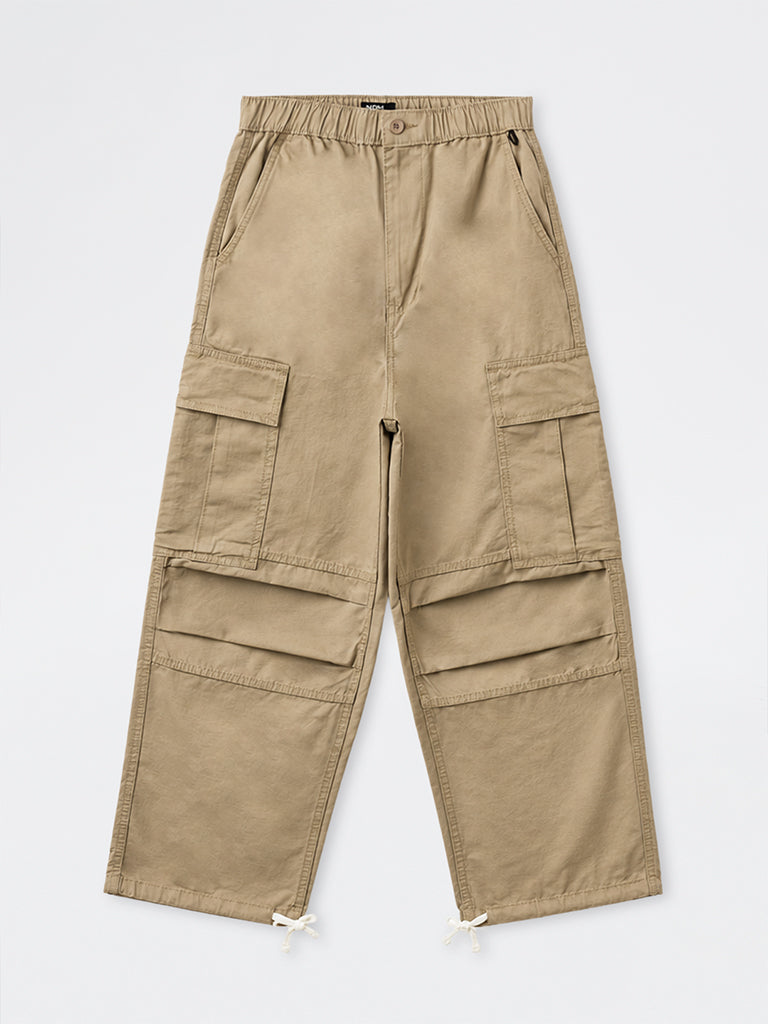 Nuon Beige Baggy-Fit Mid-Rise Cotton Cargo Pants