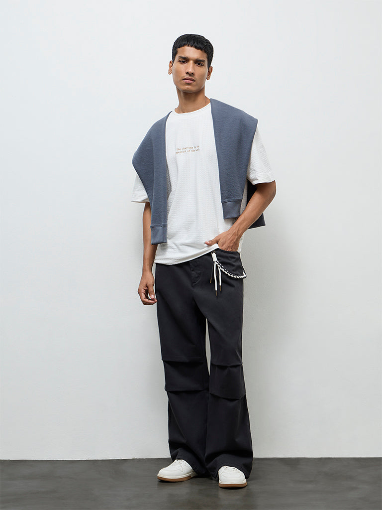 Nuon Charcoal Relaxed-Fit Mid-Rise Cotton Trousers with Braided Cord