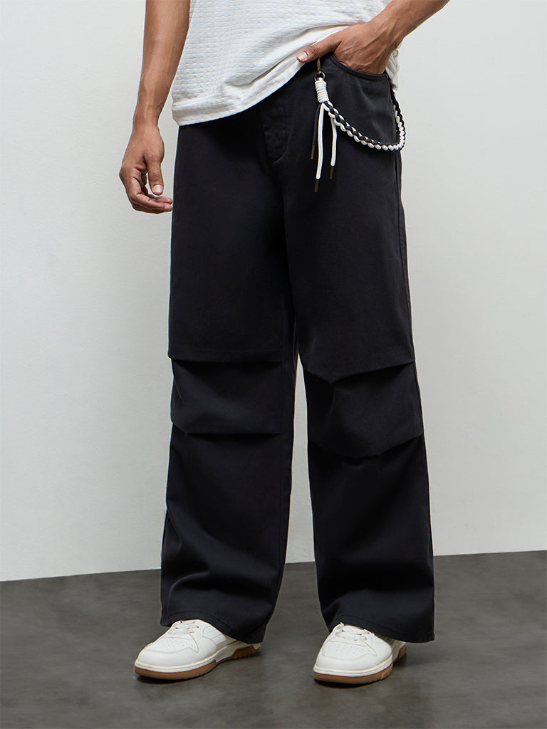 Nuon Charcoal Relaxed-Fit Mid-Rise Cotton Trousers with Braided Cord
