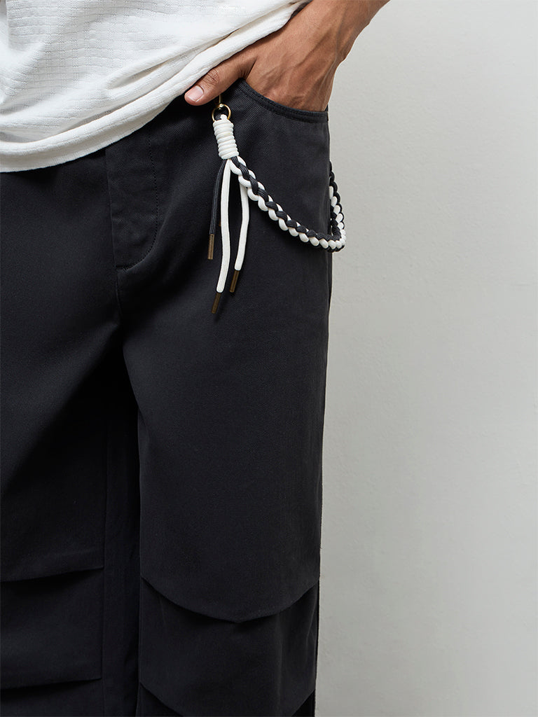 Nuon Charcoal Relaxed-Fit Mid-Rise Cotton Trousers with Braided Cord