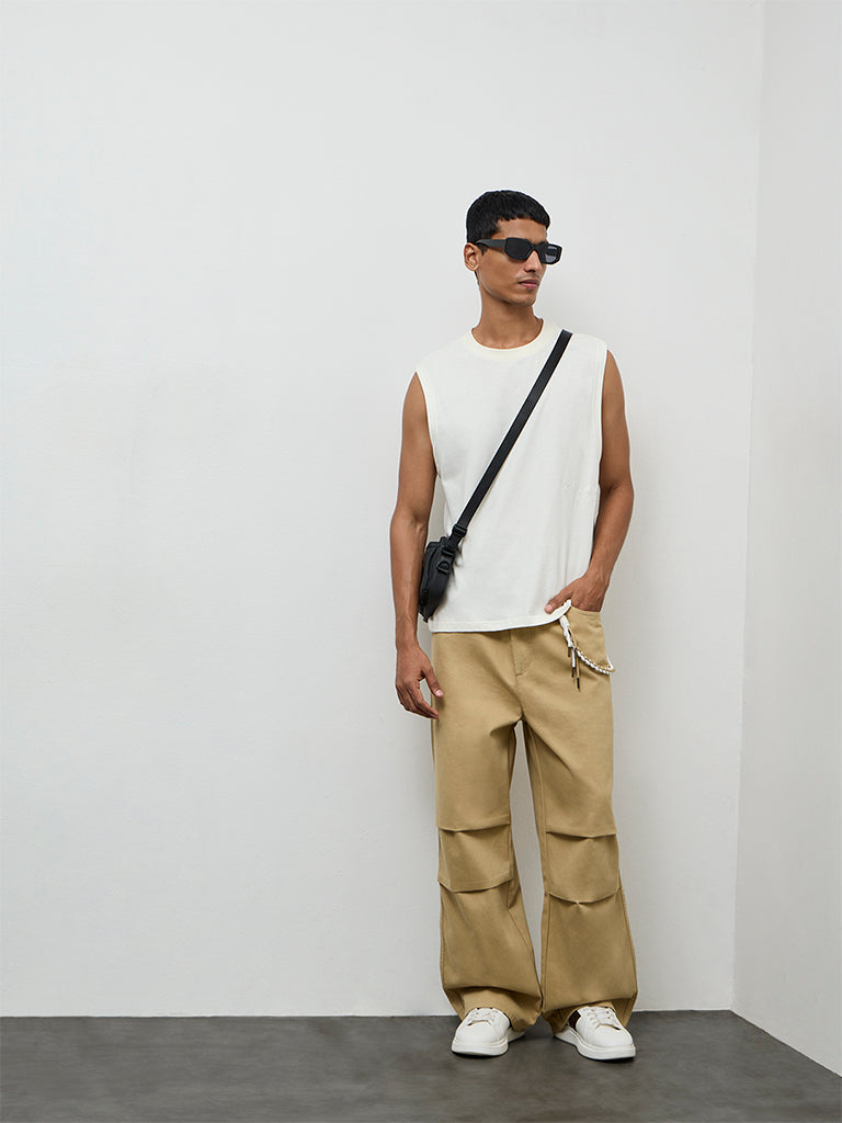 Nuon Tan Relaxed-Fit Mid-Rise Cotton Trousers with Braided Cord