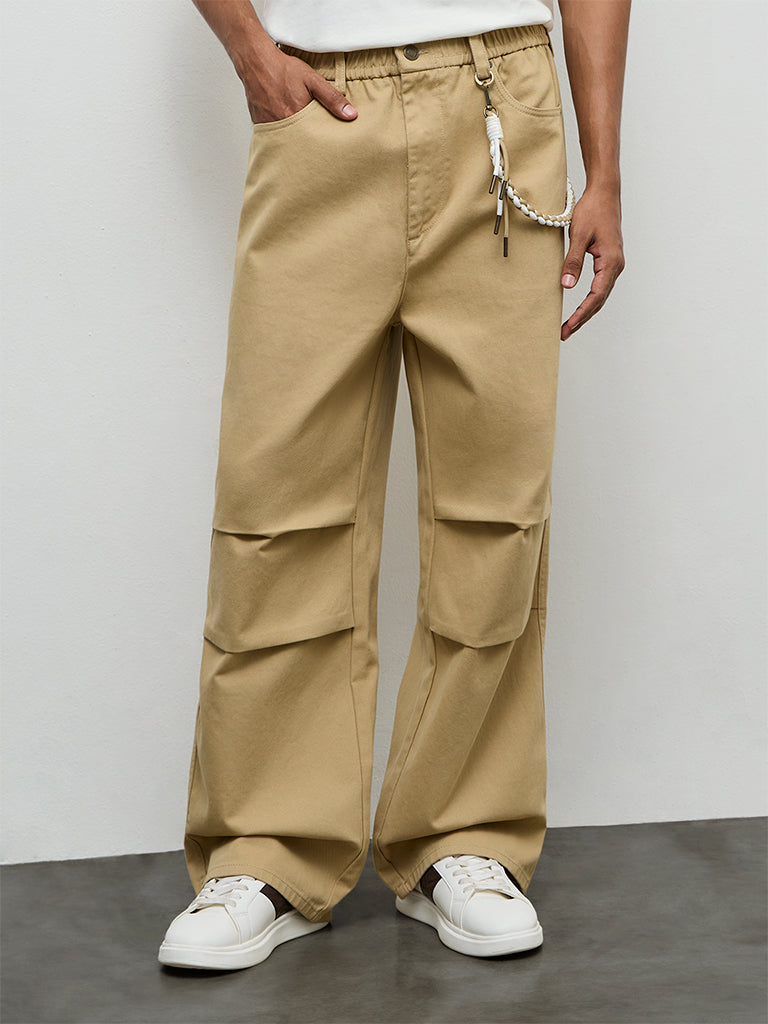 Nuon Tan Relaxed-Fit Mid-Rise Cotton Trousers with Braided Cord