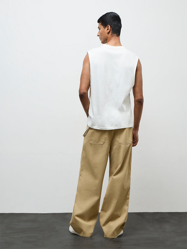 Nuon Tan Relaxed-Fit Mid-Rise Cotton Trousers with Braided Cord