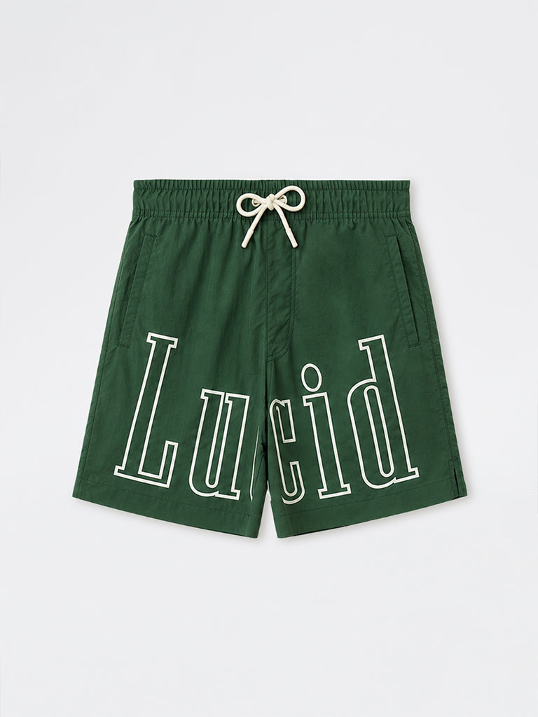 Nuon Green Text-Printed Loose-Fit Mid-Rise Shorts