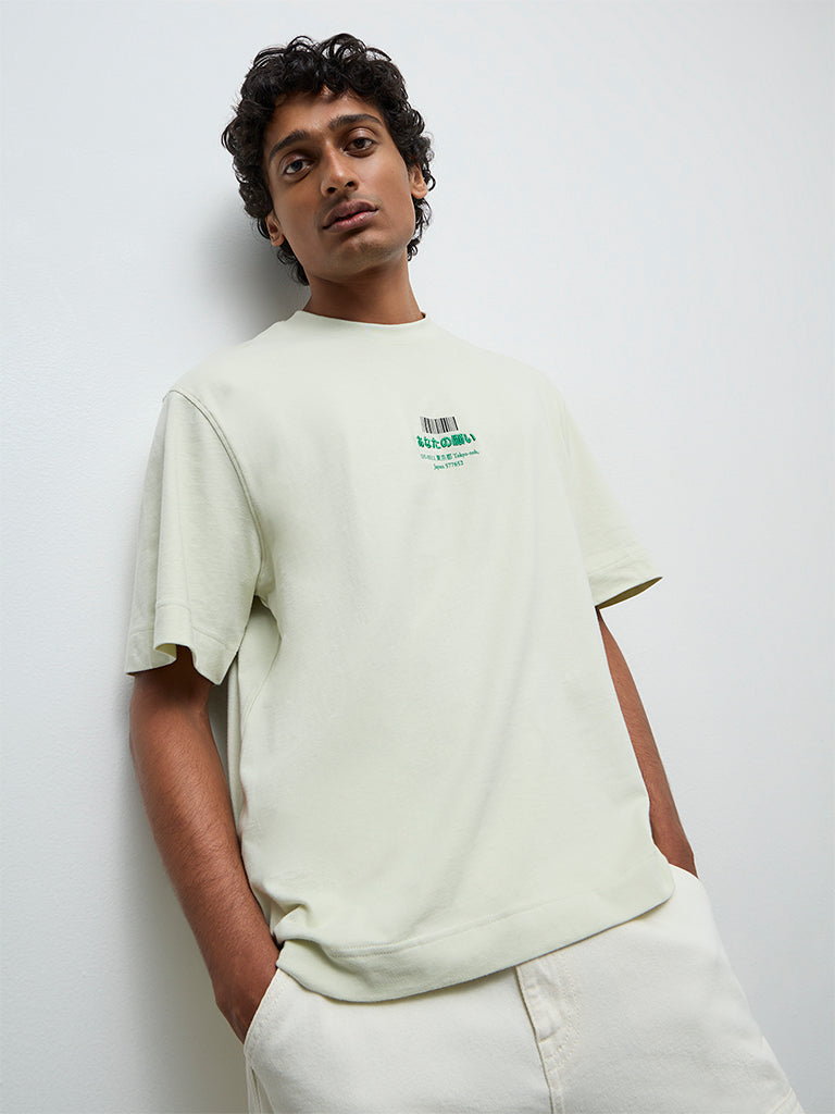 Nuon Light Green Graphic Printed Relaxed-Fit Cotton T-Shirt
