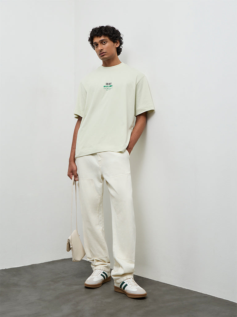 Nuon Light Green Graphic Printed Relaxed-Fit Cotton T-Shirt