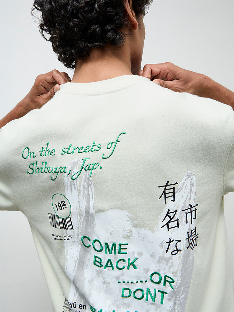Nuon Light Green Graphic Printed Relaxed-Fit Cotton T-Shirt