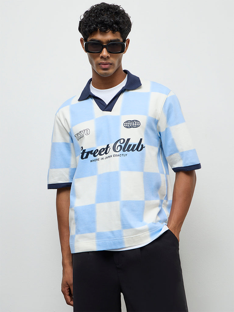 Nuon Blue Checkered Relaxed-Fit Cotton T-Shirt