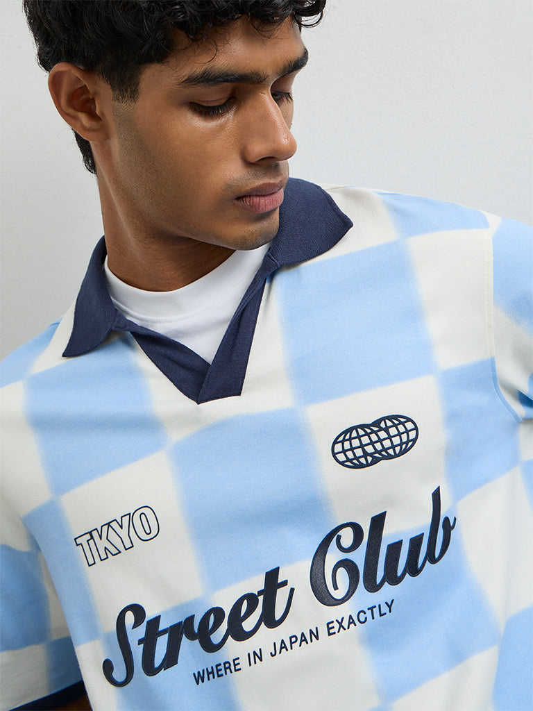 Nuon Blue Checkered Relaxed-Fit Cotton T-Shirt