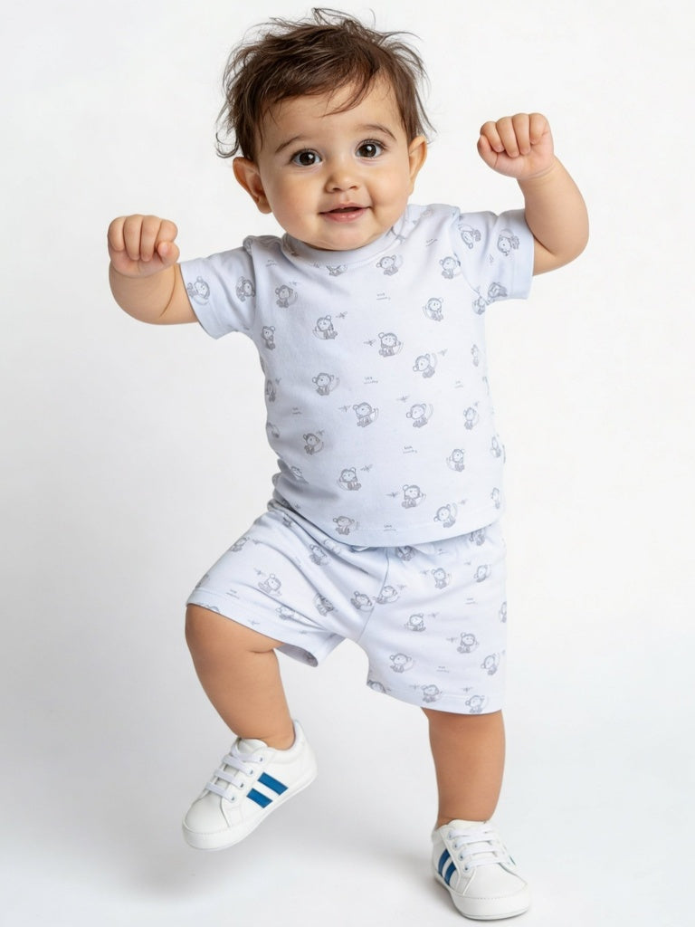 HOP Baby Boys White Printed Sepia Cotton T-Shirt and Shorts Set