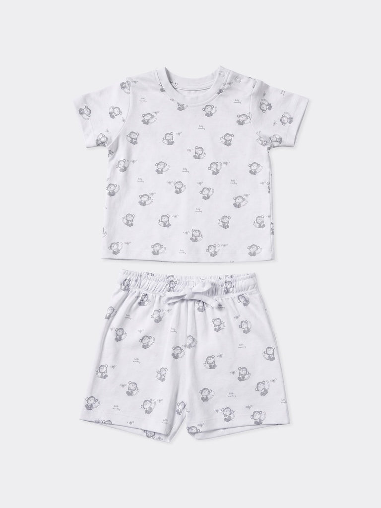 HOP Baby Boys White Printed Sepia Cotton T-Shirt and Shorts Set