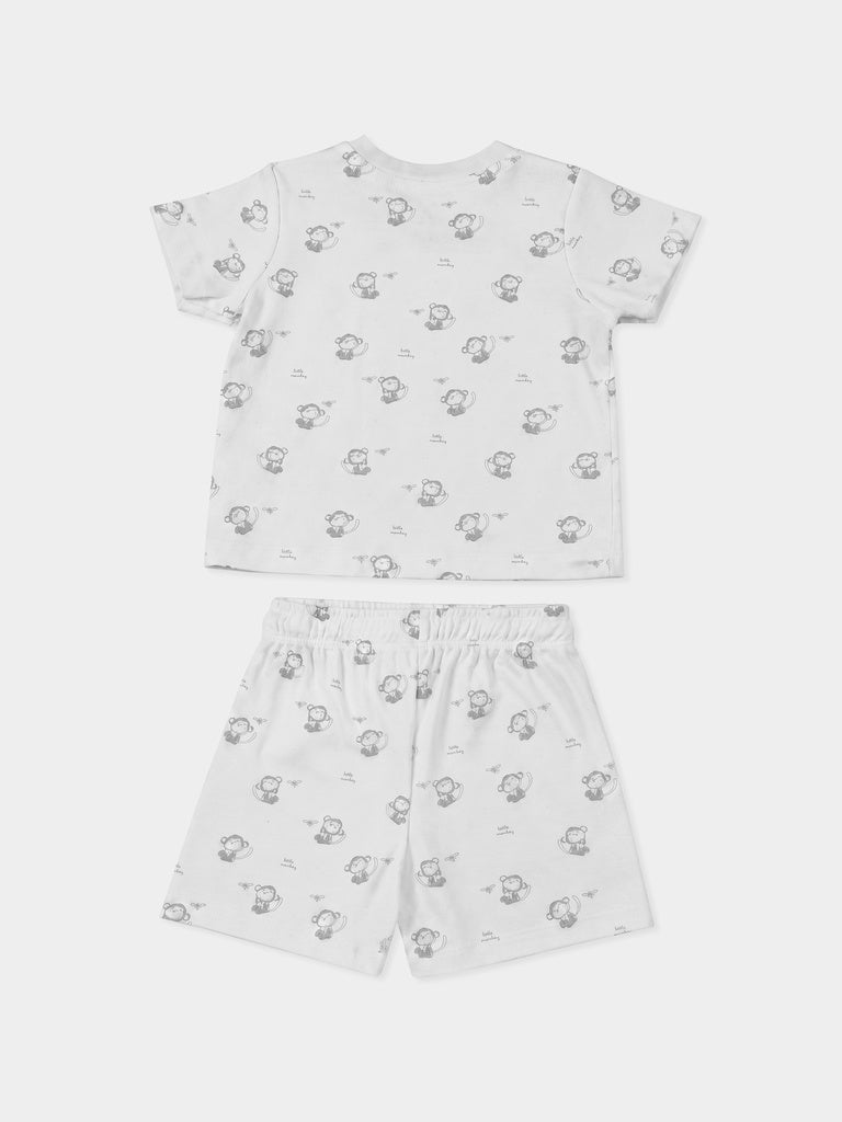 HOP Baby Boys White Printed Sepia Cotton T-Shirt and Shorts Set