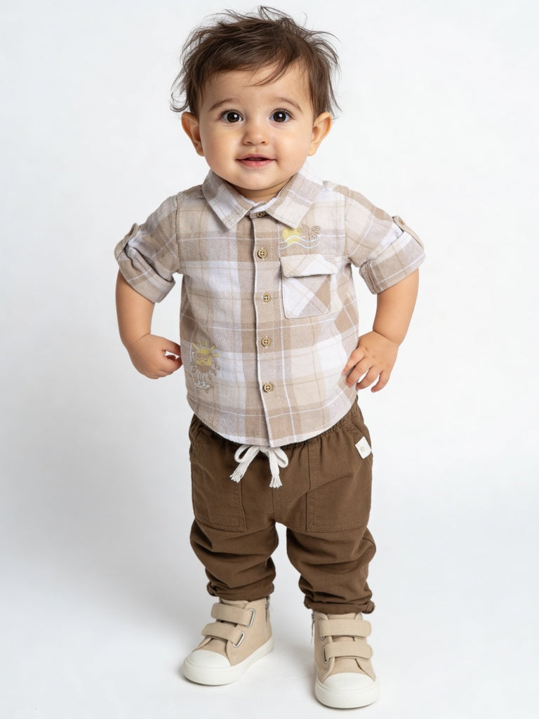HOP Baby Boys Brown Embroidered Cotton Shirt