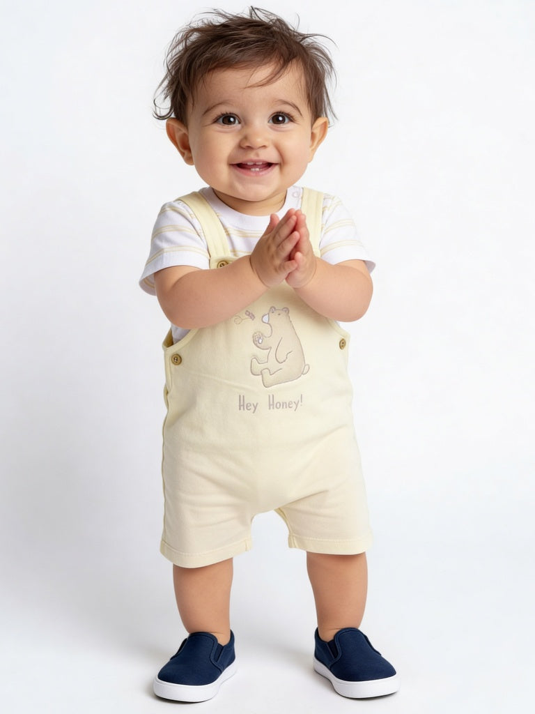 HOP Baby Boys Yellow Bear Graphic Cotton T-Shirt With Dungaree
