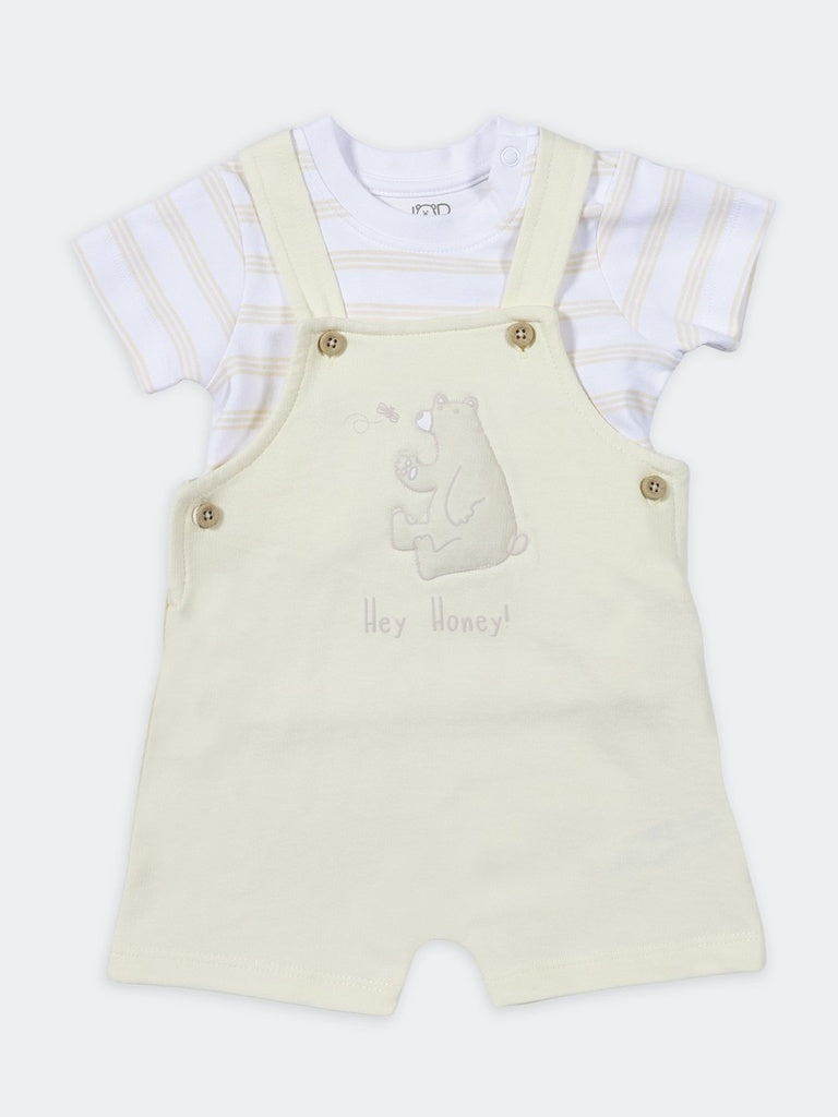 HOP Baby Boys Yellow Bear Graphic Cotton T-Shirt With Dungaree