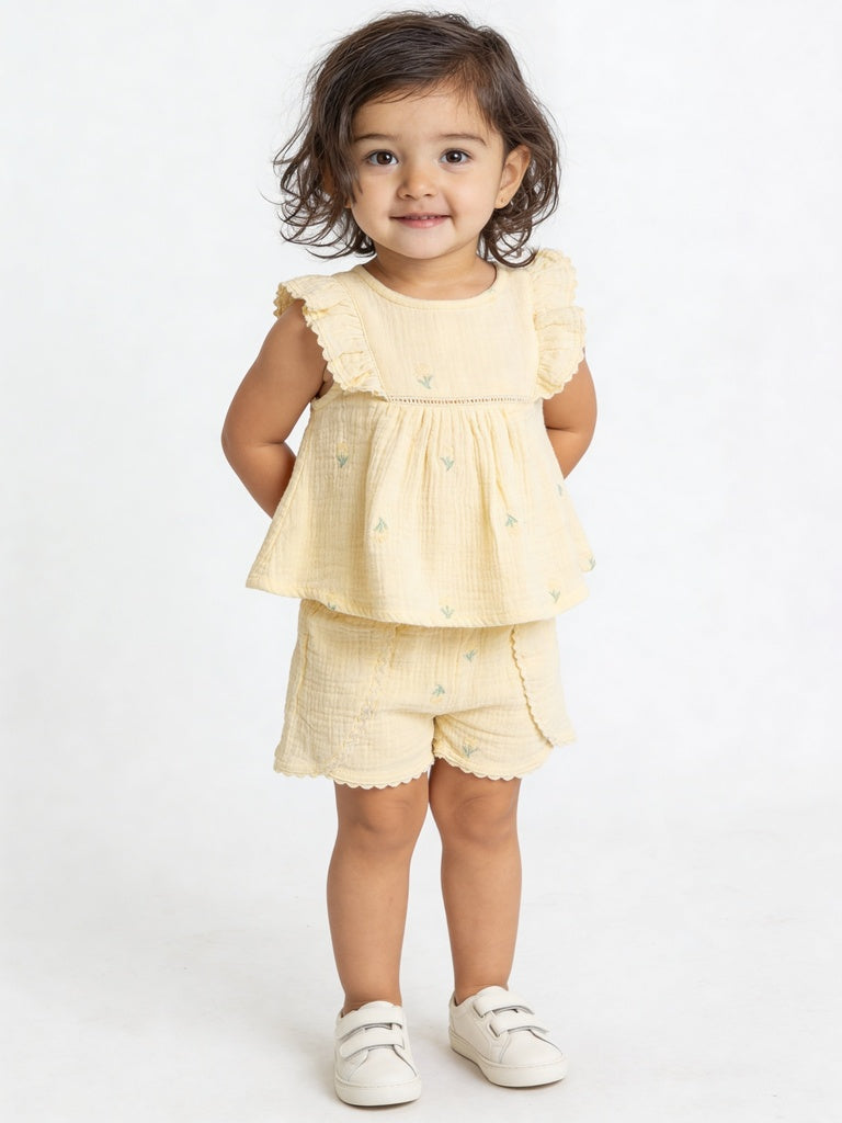 HOP Baby Girls Yellow Floral Embroidered Cotton Top and Shorts Set