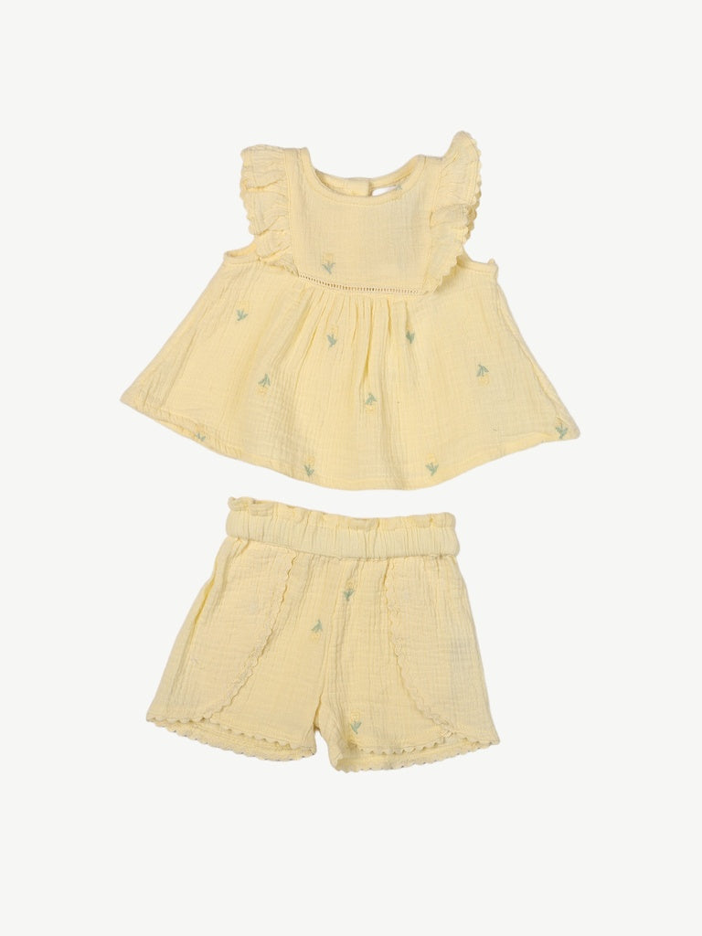HOP Baby Girls Yellow Floral Embroidered Cotton Top and Shorts Set