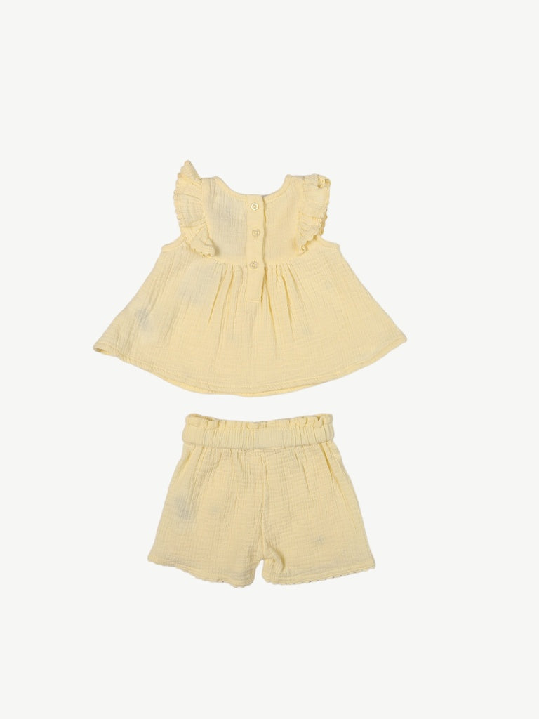 HOP Baby Girls Yellow Floral Embroidered Cotton Top and Shorts Set
