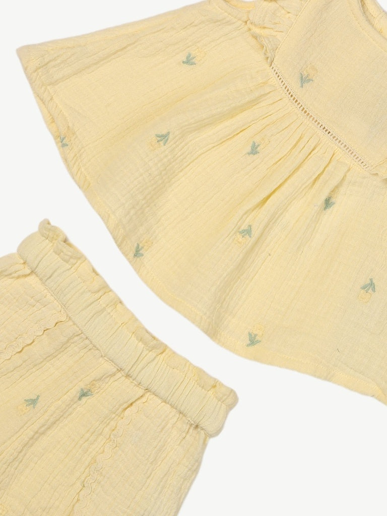 HOP Baby Girls Yellow Floral Embroidered Cotton Top and Shorts Set