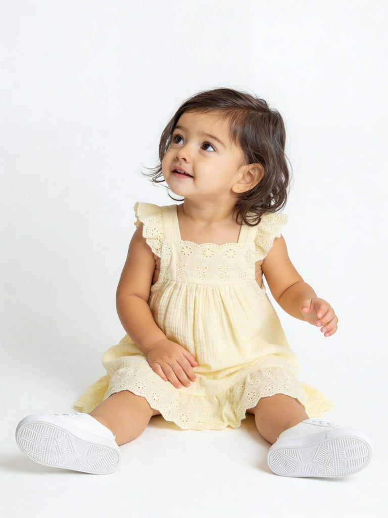 HOP Baby Girls Yellow Crinkle-Textured A-Line Cotton Dress
